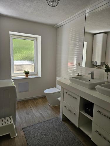 a bathroom with two sinks and a toilet and a window at Ubytovanie Hronec in Hronec