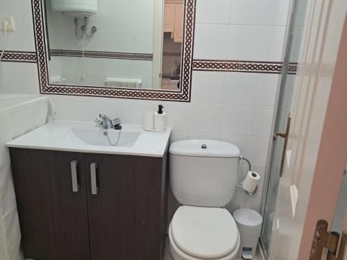 a bathroom with a toilet and a sink and a mirror at La caracola in Novo Sancti Petri