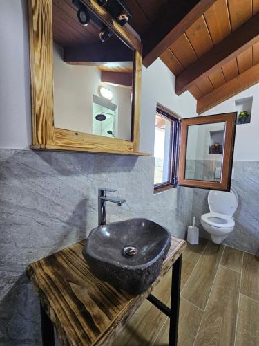 a bathroom with a black sink and a toilet at Hani i Ilirit in Cërrik