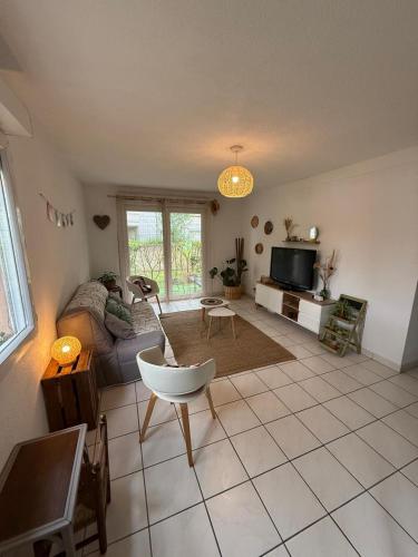 un salon avec un canapé et une télévision dans l'établissement Appt La Pérouse Centre Ville Terrasse, à Castres