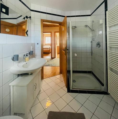 a bathroom with a sink and a glass shower at Ferienwohnung Bina in Bad Feilnbach