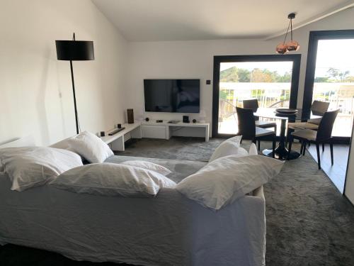 - une chambre avec un lit doté d'oreillers et une télévision dans l'établissement Loft vue Bassin Arcachon Marina de Cassy, à Lanton