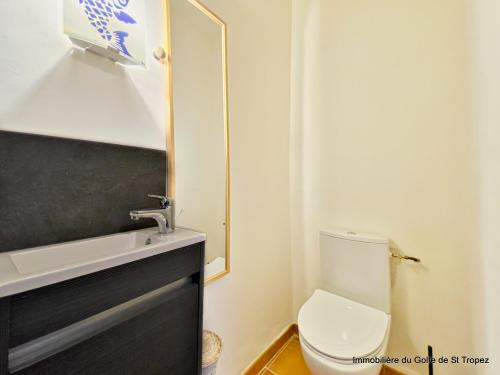 une salle de bain avec toilettes, lavabo et miroir dans l'établissement La Brigantine- Golfe de St Tropez, à Cogolin