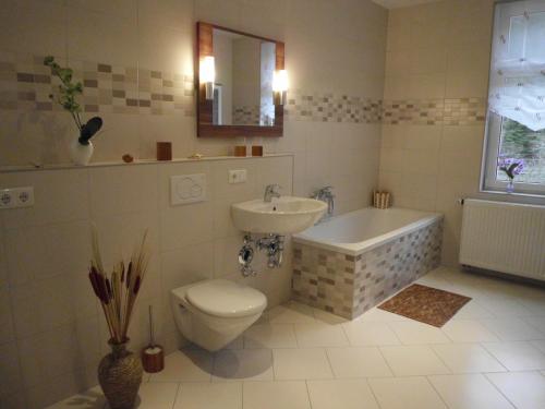 a bathroom with a sink and a toilet and a bath tub at Apartment Leucht in Ziegenrück