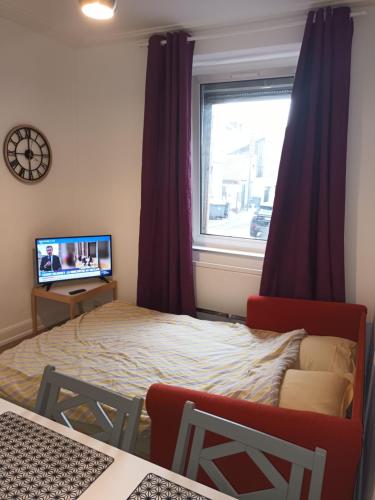 une chambre avec un lit, une fenêtre et une télévision dans l'établissement Appartement entier au RDC - Ideal pour travailleurs ou voyageurs en famille jusqu à 6p, à Mulhouse