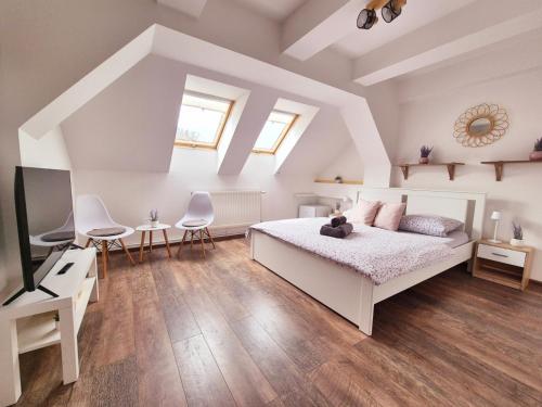 a bedroom with a white bed and a tv at Penzion ORION in Petrovice