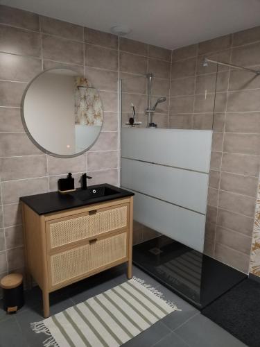 une salle de bain avec un lavabo, un miroir et une douche dans l'établissement Charmante maison neuve au cœur de Matignon, à Matignon