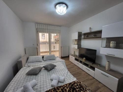 ein Schlafzimmer mit zwei Betten und einem Flachbildfernseher in der Unterkunft Apartman Djuric in Golubac