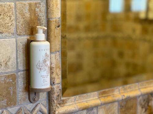 a bottle of soap hanging on a brick wall at Apartamentos Villa Julieta in Ruente