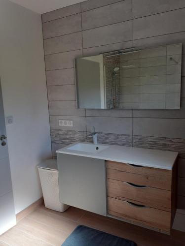 une salle de bain avec un lavabo blanc et un miroir dans l'établissement Le Majestic, à Vesoul