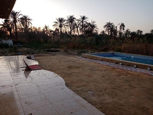 a chair sitting on a patio next to a swimming pool at Dr house in Siwa