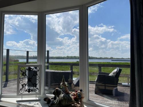 ラウエルウオーフにあるHaus mit dem schönsten Blick direkt am Meer BEST VIEWの水辺を望む窓付きの客室です。