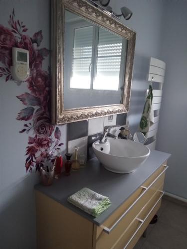 une salle de bain avec un lavabo et un miroir sur un comptoir dans l'établissement la charmelle, à Tourville-sur-Sienne