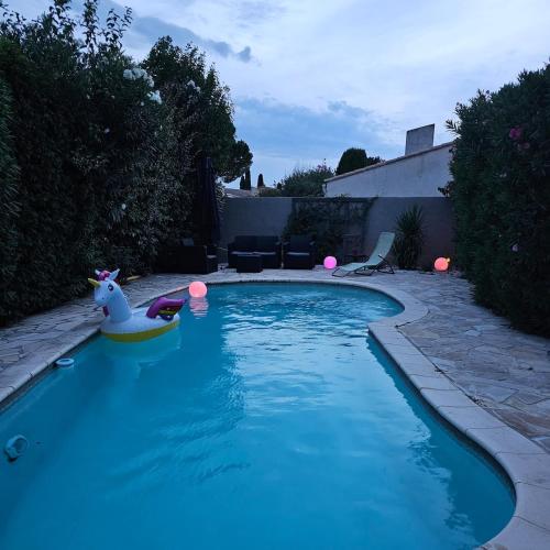 une petite piscine avec un canard en jouet et un bateau en jouet dans l'établissement Charmante maison avec piscine et jaccuzi en Provence, à Morières-lès-Avignon