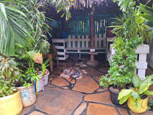 a patio with plants and a bench in a garden at Mount Zion Guest House, Mtwapa Mtomondoni in Mombasa