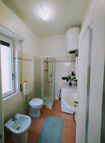 a bathroom with a toilet and a shower and a sink at Foce24 - City Garden - in Imperia
