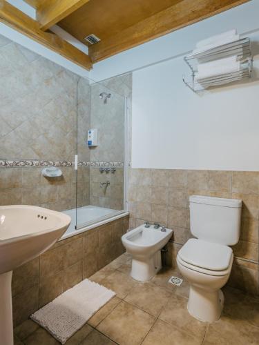 a bathroom with a toilet and a sink and a shower at Choconcito Apart Hotel in Ushuaia