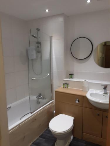 a bathroom with a toilet and a shower and a sink at Three bedroom apartment Darlington Victoria Road in Darlington