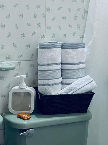 a basket on the back of a toilet with towels at HOTEL PLENITUD JARDÍN - Transporte, Tours y Más in Jardin