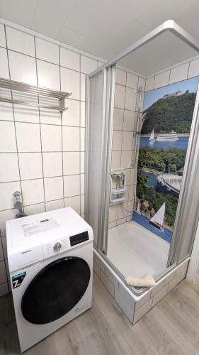 a washing machine in a bathroom with a window at Wellness Ferienwohnung am Kurpark - zentral, ruhig & nah am Edersee in Bad Wildungen