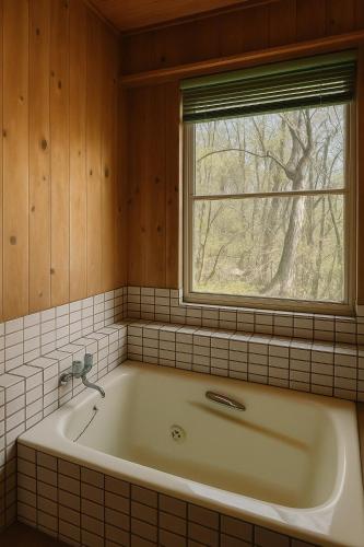 a bath tub in a bathroom with a window at 森の中で仲間や家族とゆっくり過ごせる温泉付コテージ 会員制別荘地で広大なプライベート空間 ペット可 那須高原りんどうハウス in Nasu