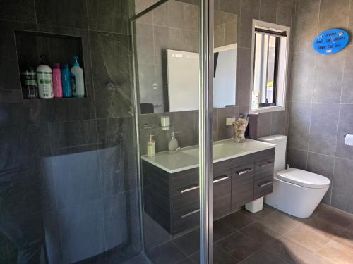 a bathroom with a shower and a sink and a toilet at Russ Vegas in Russell Island