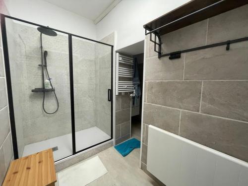 une douche avec une porte vitrée dans une salle de bain dans l'établissement Hyper-central apartment, à Sète