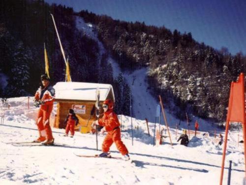 a group of people on skis in the snow at Chalet in France with Pool & Jacuzzi in Le Ménil
