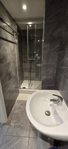 a bathroom with a white sink and a shower at Craven Hotel in London