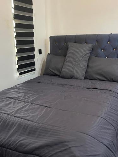 a bed with a blue blanket and pillows at Extravaganza Stay in Lagos