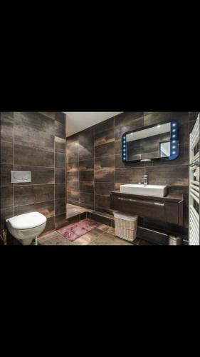 une salle de bain avec toilettes, lavabo et miroir dans l'établissement Luxury Loft Design Amazing en Plein coeur de Paris, à La Celle-sous-Gouzon