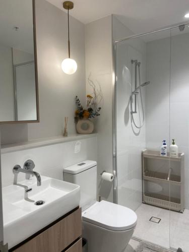 a bathroom with a toilet and a sink and a shower at Perth Hub in Perth