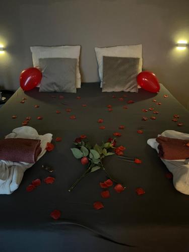 a bedroom with a bed with hearts on the floor at Erholung im Privaten SPA in Esslingen