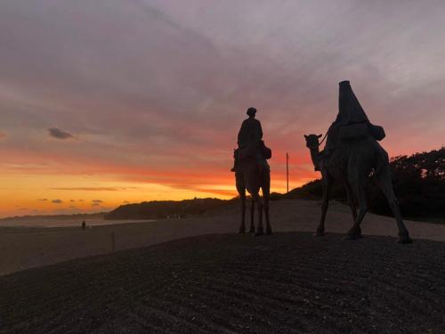 a statue of a man riding a camel on the beach at 御宿ゲストハウス 海おやぶん in Onjuku