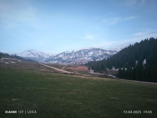 a green field with mountains in the background at HADIA guest House in Karakol