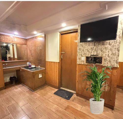 a room with a television and a potted plant at Lords Grey near Mall Road in Shimla