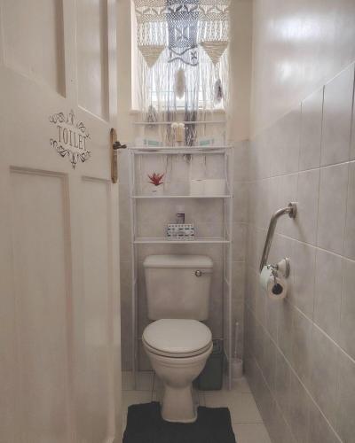 a bathroom with a toilet with shelves on the wall at The Urban Oasis 4 guests Port Elizabeth Gqeberha in Gqeberha