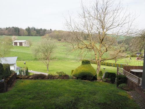 a green yard with a tree and a fence at Zur Kringelwies in Masburg
