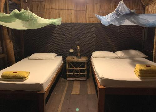 two beds in a small room with nets above them at Chez Oliv in Palomino