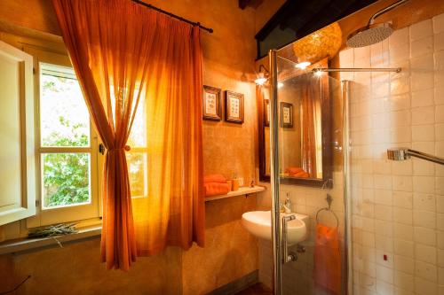 阿雷佐的住宿－Podere Poggio Mendico，浴室配有淋浴帘和盥洗盆。