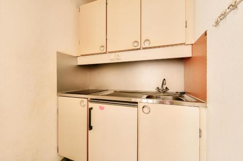 une petite cuisine avec des armoires blanches et un évier dans l'établissement Résidence Le Tourmalet - maeva Home - Appartement 2 pièces 6 personnes - Confort MAE-7291, à La Mongie