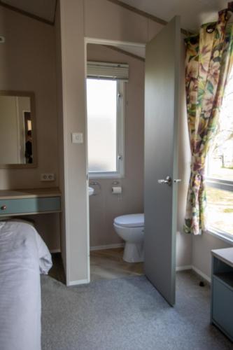 a bathroom with a toilet and a sink and a window at Hof Nieuwerkerk Chalet 1 in Arnemuiden