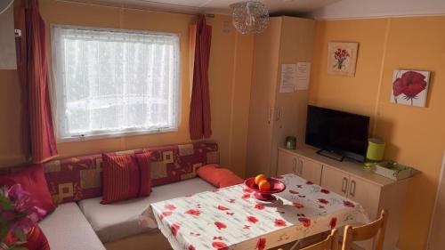 Mobile home في سيرينيان: غرفة معيشة مع طاولة وتلفزيون