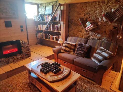 un salon avec un canapé et une cheminée dans l'établissement La chambre Nature chez les garçons, à Saint-Paul-sur-Yenne