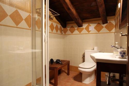 une salle de bain avec toilettes, douche et lavabo dans l'établissement Casa Rural Botica Gomelia II, à Gumiel de Hizán