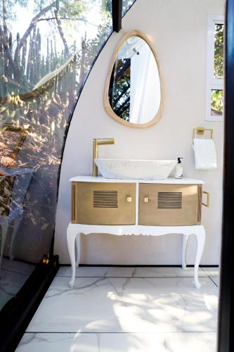 a bathroom with a sink and a mirror at De Nest - Clear Glass Tree Cabin in Montagu