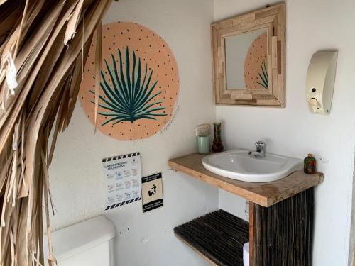 a bathroom with a sink and a mirror at Chez Oliv in Palomino