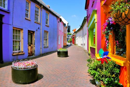 a cobblestone alley with colorful buildings and a street at Houseboat in Kinsale in Kinsale