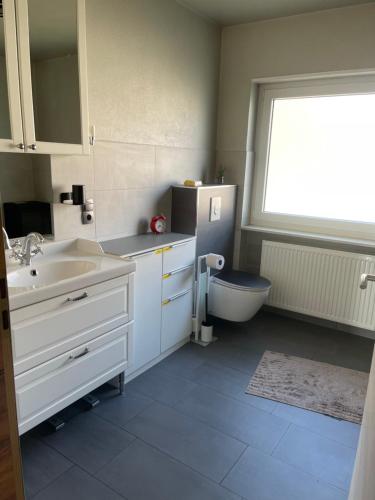 a bathroom with a sink and a toilet and a window at Ferienwohnung Zum Preußensteig in Pfeffelbach