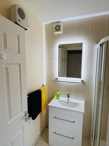 a bathroom with a sink and a mirror at HarbourView House Killaloes Newest Holiday Home in Killaloe